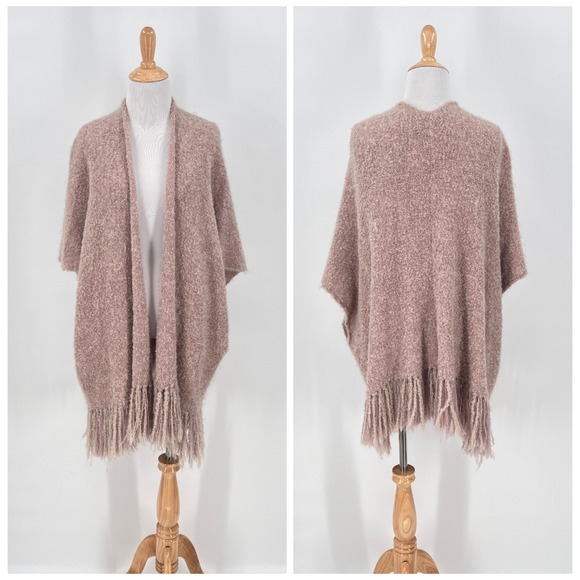 CAROLINA K Alpaca Silk Fringe Knit Cape Poncho Women Small Pink Sweater Cover Up - Picture 1 of 13